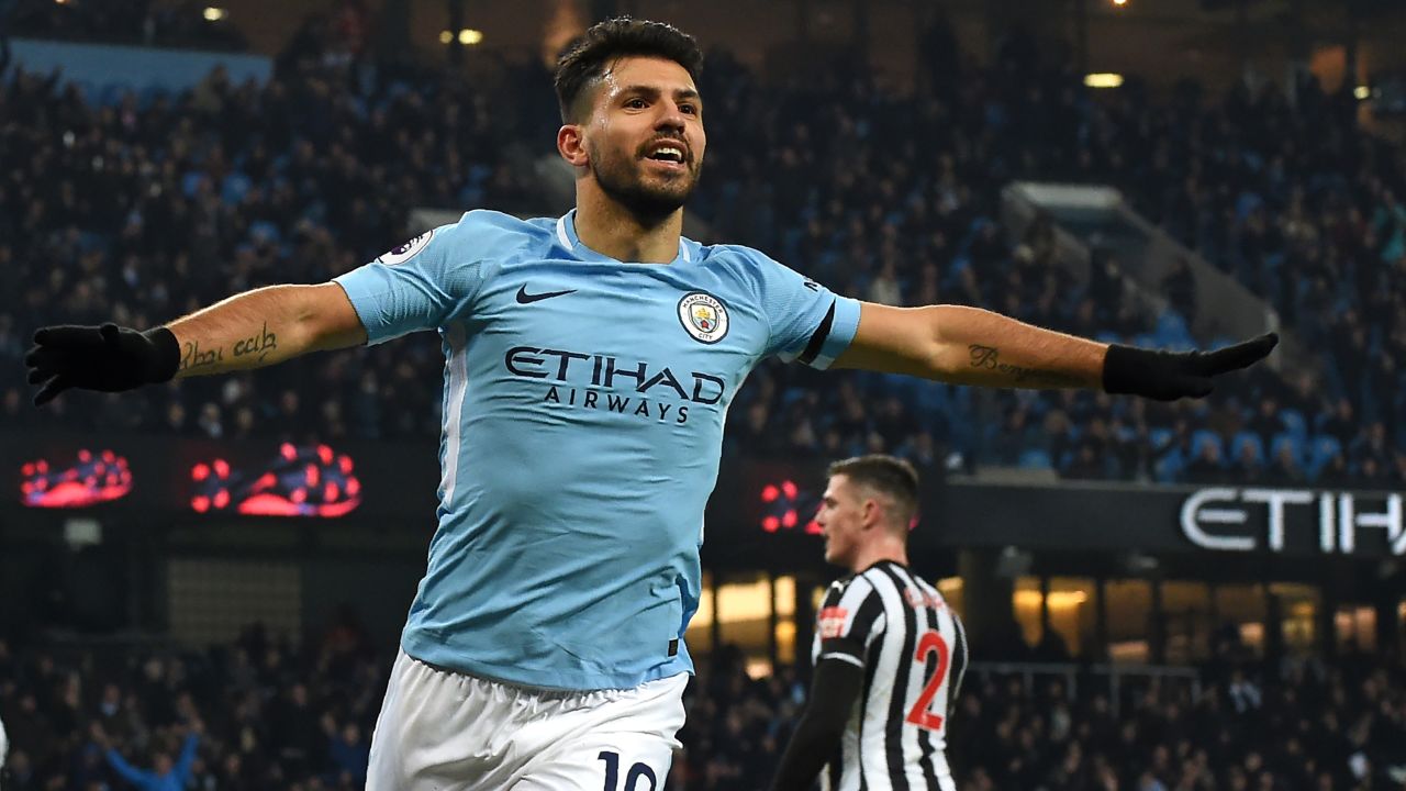 Manchester City's Argentine striker Sergio Aguero celebrates scoring against Newcastle United.