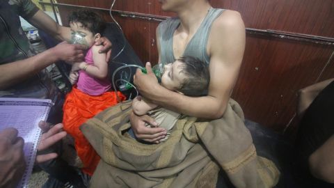 Children receive medical treatment after a suspected chemical attack in Douma. 