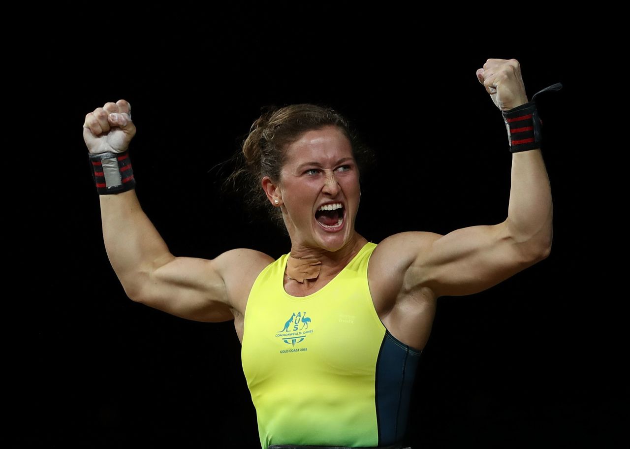 Tia-Clair Toomey of Australia reacts after winning the gold medal during the Women's 58kg Weightlifting Final at the Commonwealth Games on Australia's Gold Coast. 