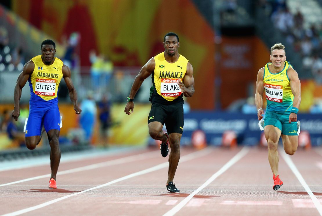 Yohan Blake of Jamaica, center, completed his 100m sprint heat in 10.15 seconds. 