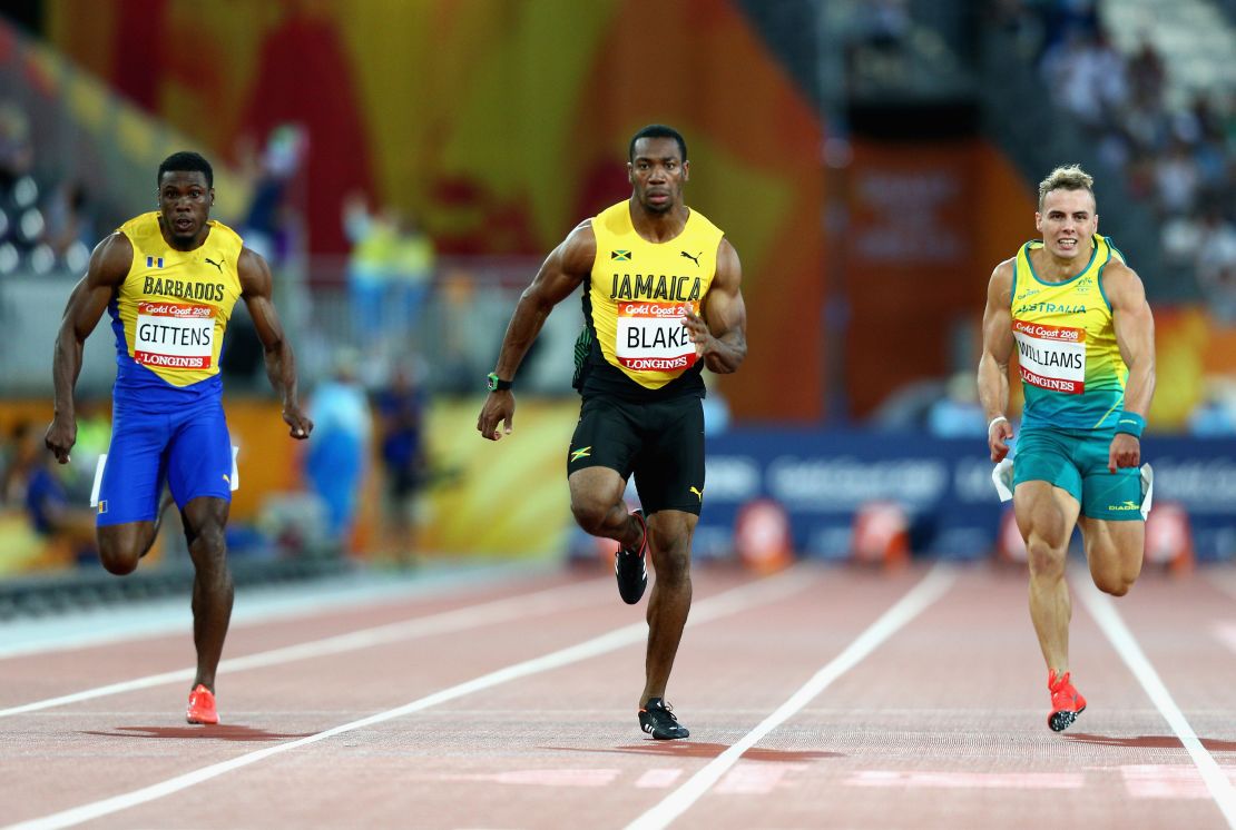 Yohan Blake of Jamaica, center, completed his 100m sprint heat in 10.15 seconds.