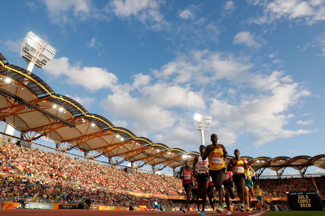 Uganda's Joshua Cheptegei leads the pack in the men's 5000m final.