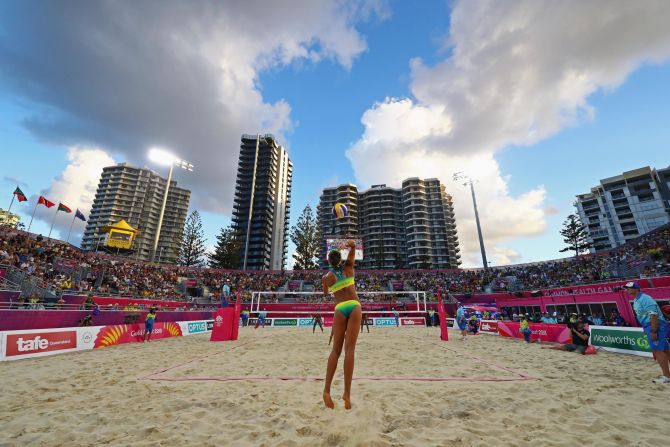 Mariafe Artacho del Solar and Taliqua Clancy of Australia play against Thornia Williams and Renisha Stafford of Grenada.