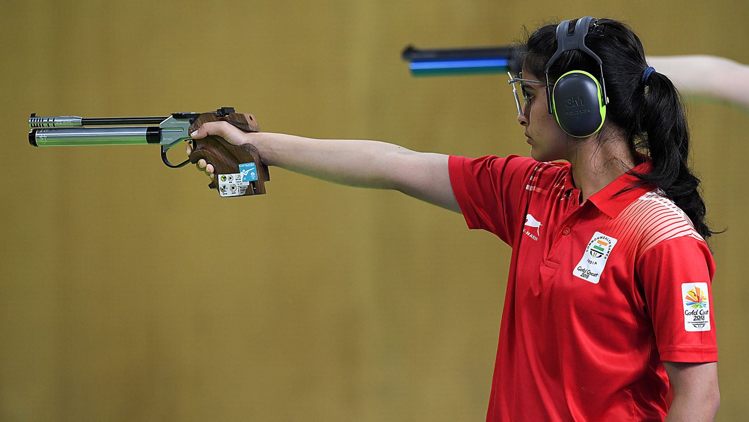 Manu Bhaker of India competes in the women's 10-meter air pistol final.