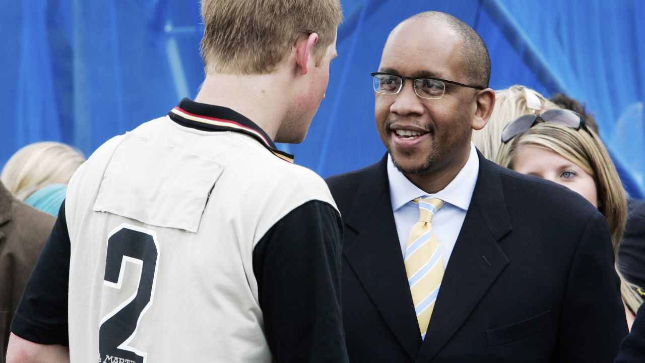 Prince Harry talks with Prince Seeiso of Lesotho at a fundraising polo match for their Sentebale charity in 2006 in Surrey, England.