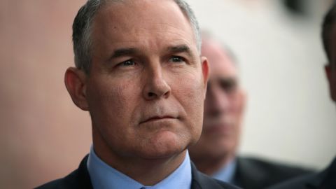 EAST CHICAGO, IN - APRIL 19: U.S. EPA Administrator Scott Pruitt makes a statement to the media after meeting residents from and taking a brief tour of the West Calumet Housing Complex on April 19, 2017 in East Chicago, Indiana. Nearly all the residents of the complex were ordered to move by the East Chicago Housing Authority after the soil and many homes in the complex were found to contain high levels of lead. The area has been declared an EPA superfund site. This was Pruitt's first visit to a superfund site since being named the agency's administrator. The complex is scheduled for demolition. (Photo by Scott Olson/Getty Images)