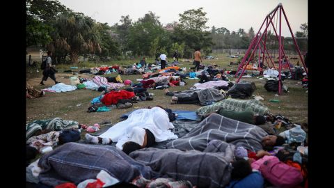 Dozens of migrants sleep at the sports club in Matias Romero on April 3.