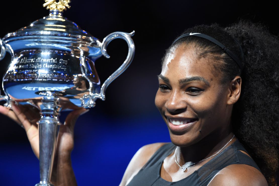 Serena Williams poses following her victory last year in the women's singles final in the Australian Open tennis tournament in Melbourne. 