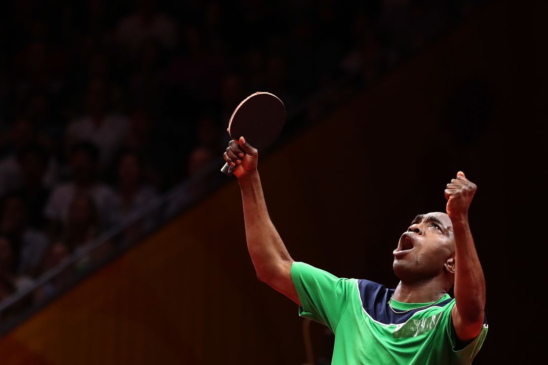 Table tennis player Bode Abiodun celebrates en route to Nigeria's first medal of the Games.