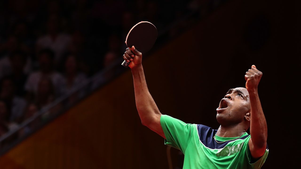 Table tennis player Bode Abiodun celebrates en route to Nigeria's first medal of the Games.