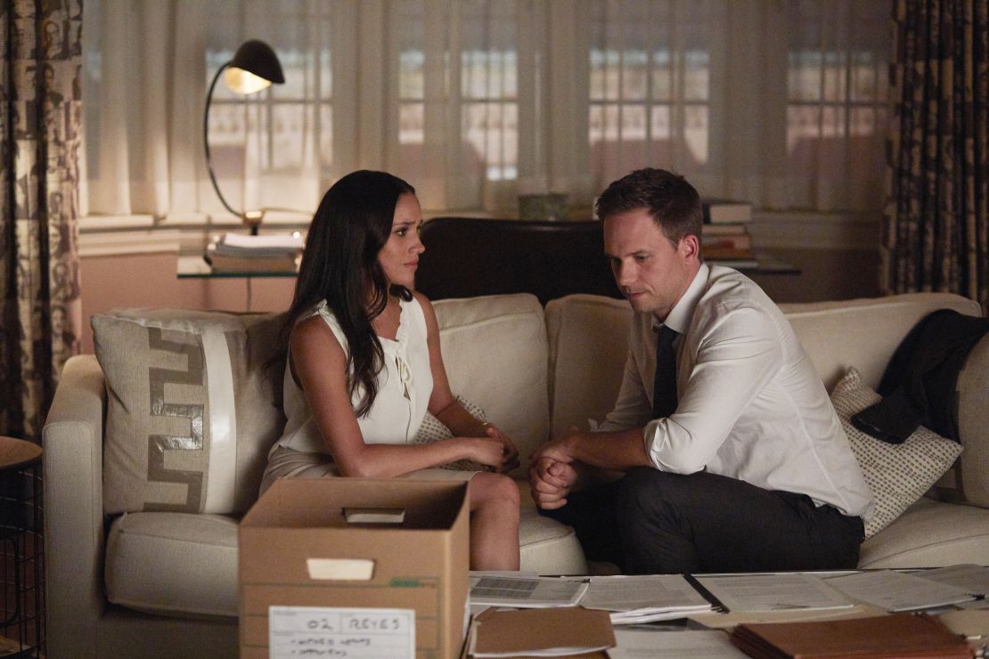 Markle as Rachel Zane and Patrick J. Adams as Michael Ross in an episode of "Suits."