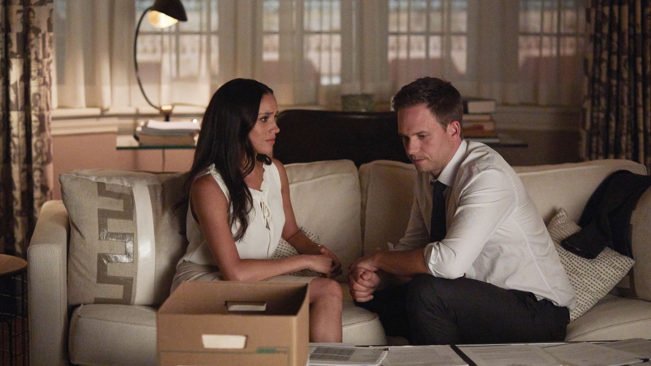 Markle as Rachel Zane and Patrick J. Adams as Michael Ross in an episode of "Suits."