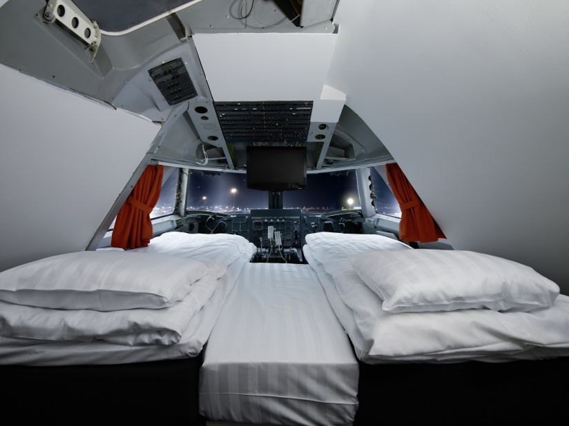 <strong>Sky high:</strong> The grounded jet that has become the Jumbo Stay Hotel offers 33 dorm-style rooms. There's also an extra-special suite in the cockpit.