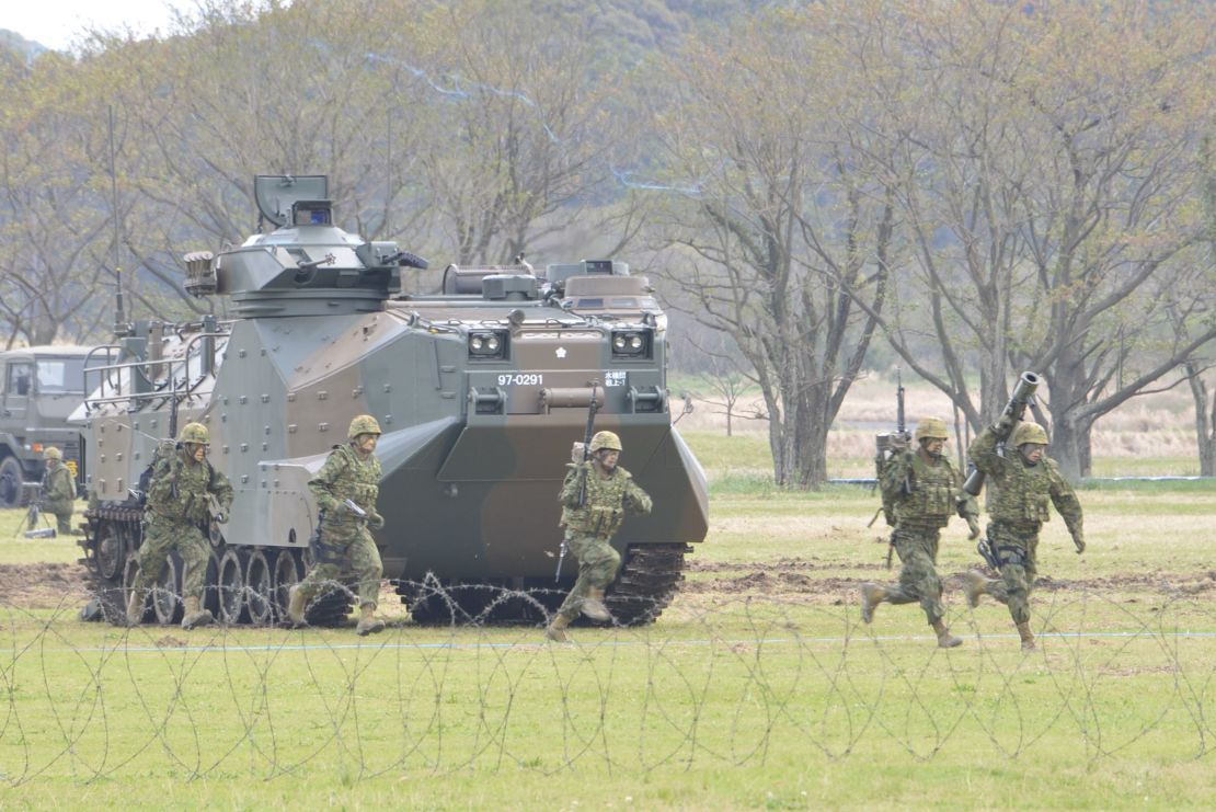 Japan's new amphibious rapid deployment brigade training on Saturday, April 7.