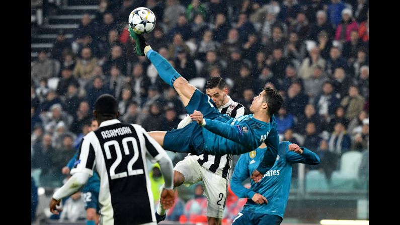 Real Madrid star Cristiano Ronaldo connects on <a target="_blank" target="_blank">a spectacular bicycle kick,</a> scoring a goal in the quarterfinals of the Champions League on Tuesday, April 3. Ronaldo scored twice in the 3-0 victory at Juventus. He said the bicycle kick, which earned applause from opposing fans, might be the best goal of his career.