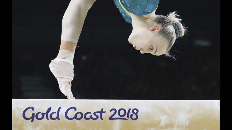 Australian gymnast Emily Whitehead competes on the balance beam at the Commonwealth Games on Friday, April 6. The Games are taking place in Gold Coast, Australia, through April 15.