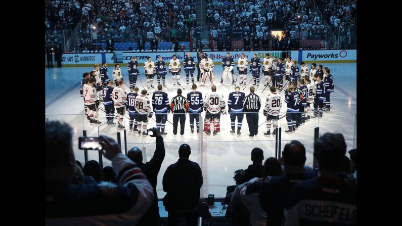 The Winnipeg Jets and the Chicago Blackhawks take a moment to honor the Humboldt Broncos, a junior hockey team that was involved in <a  target="_blank">a deadly bus accident</a> on Friday, April 6. Both NHL teams wore "Broncos" on the backs of their jerseys. 