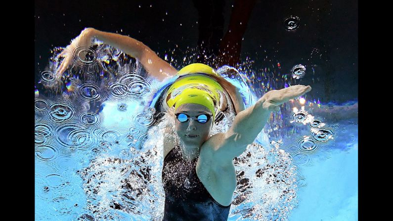 Australian swimmer Cate Campbell competes in the 100-meter freestyle during the Commonwealth Games on Sunday, April 8. She finished in second behind her sister Bronte.