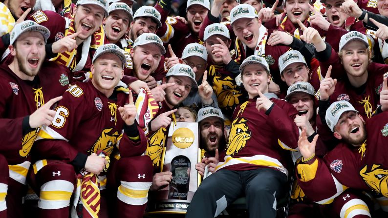 The hockey team from Minnesota-Duluth celebrates after it defeated Notre Dame 2-1 <a target="_blank" target="_blank">to win the NCAA Division I title</a> on Saturday, April 7. It's the second national title for the Bulldogs, who also won in 2011.
