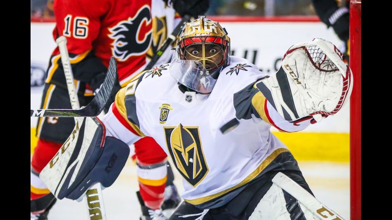 Vegas goalie Malcolm Subban makes a save during an NHL game in Calgary, Alberta, on Saturday, April 7.