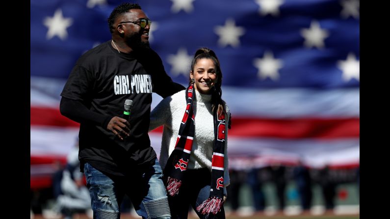 Baseball great David Ortiz and gymnast Aly Raisman take part in pregame ceremonies before the Boston Red Sox played their first home game of the season on Thursday, April 5. Ortiz is a Red Sox legend. Raisman is from the Boston area. <a target="_blank">See 21 amazing sports photos from last week</a>