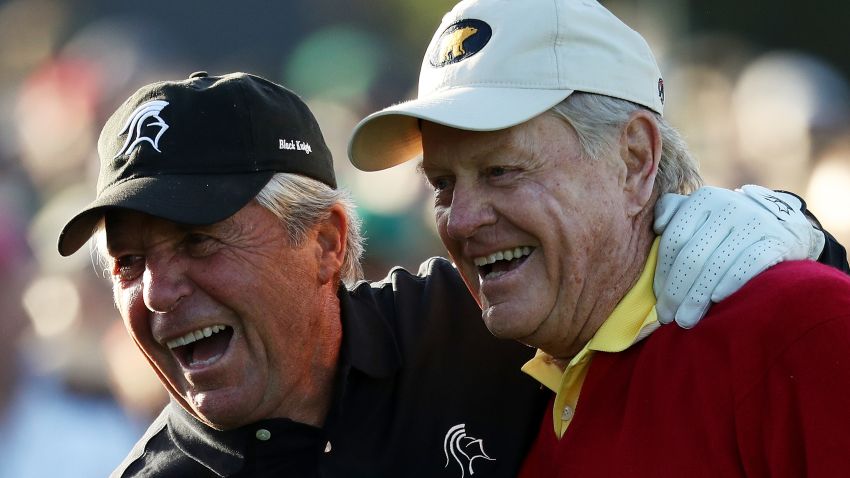 AUGUSTA, GA - APRIL 05:  Gary Player of South Africa and Jack Nicklaus of the United States take part in the opening tee ceremony for the first round of the 2018 Masters Tournament at Augusta National Golf Club on April 5, 2018 in Augusta, Georgia.  (Photo by Patrick Smith/Getty Images)