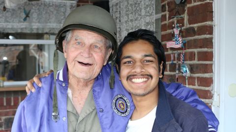 Rishi Sharma with Harold Nelson, 103. Nelson served with the 3rd Infantry Division, was wounded twice and was put up for the Silver Star medal. 