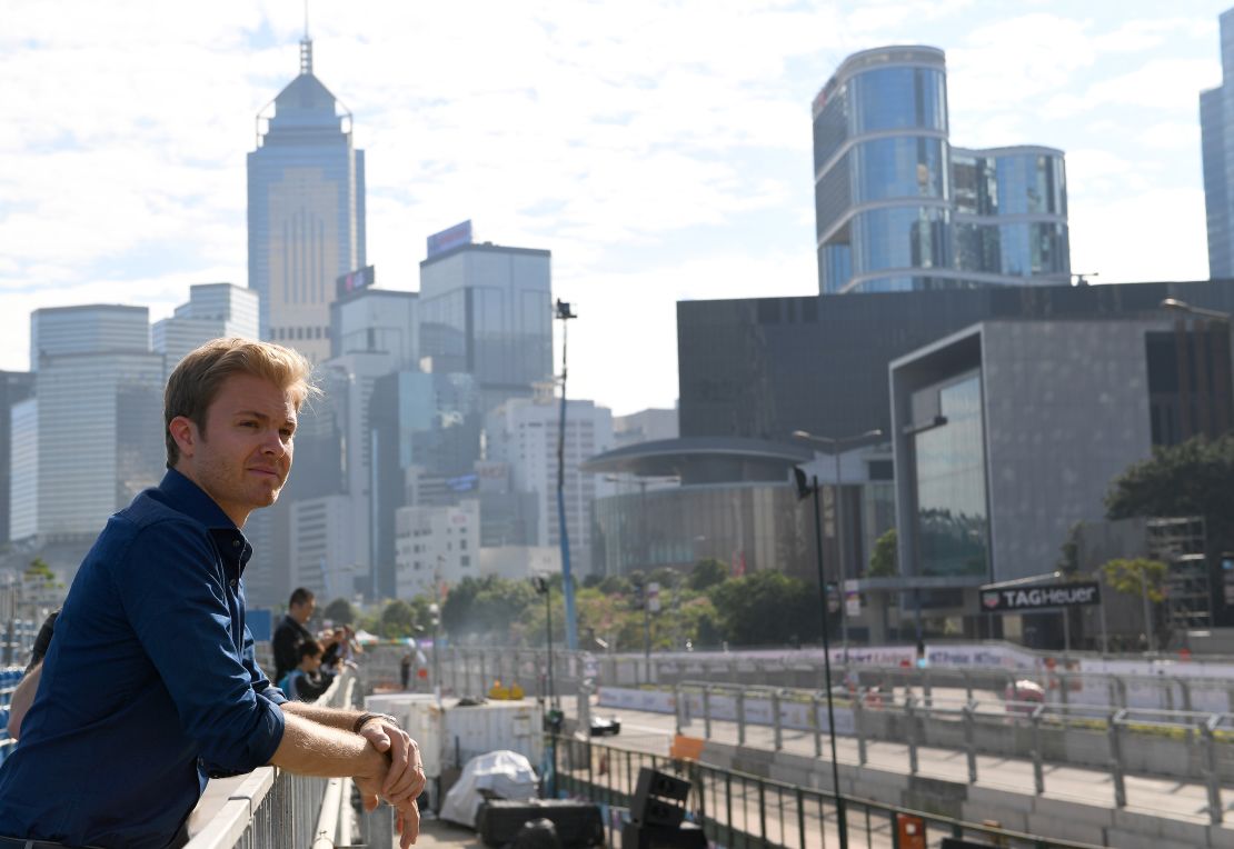 Former F1 world champion Nico Rosberg stands trackside at the Hong Kong ePrix.
