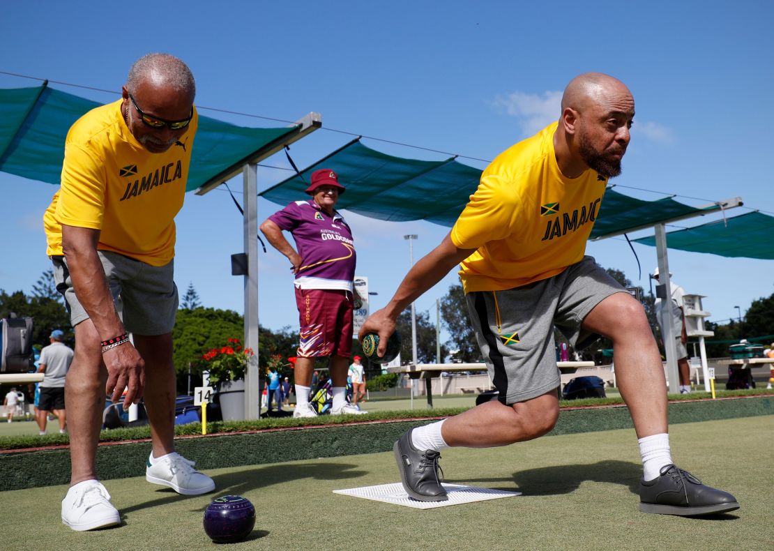 Jamaica's Andrew Newell and Melvyn Edwards compete for Jamaica in the lawn bowls.