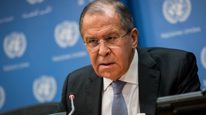 NEW YORK, NY - JANUARY 19: Foreign Minister of Russia Sergey Lavrov speaks during a press conference at United Nations headquarters, January 19, 2018 in New York City.  Lavrov stated that the Iran nuclear deal cannot survive if the United States pulls out the agreement. (Photo by Drew Angerer/Getty Images)