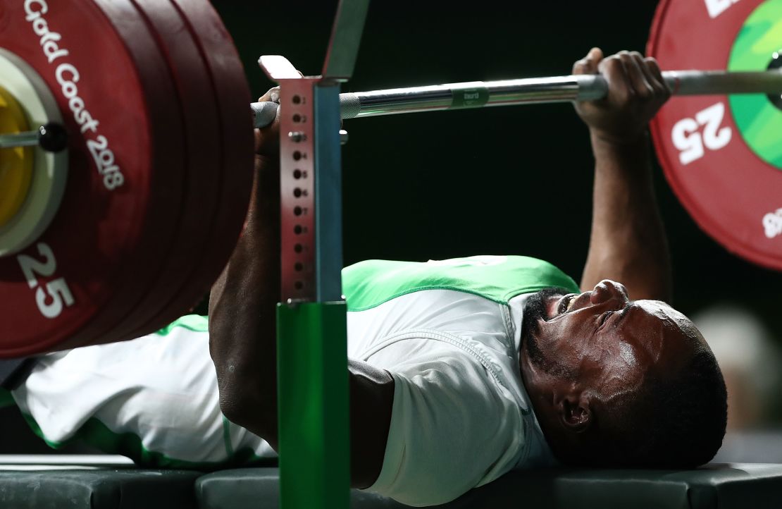 Roland Ezuruike of Nigeria en route to gold in the men's lightweight para powerlifting.