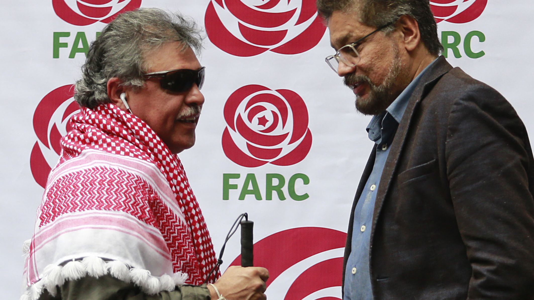 'Jesus Santrich' (L) and fellow FARC commander Ivan Marquez after the former guerrilla group registered as a political party in 2017.