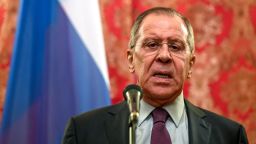 Russian Foreign Minister Sergei Lavrov speaks during a press conference after his meeting with his North Korean counterpart in Moscow on April 10, 2018.
The North's foreign minister Ri Yong Ho arrived in Moscow on April 9 after stopping in Beijing. He also paid a visit last month to Sweden, which acts as a diplomatic go-between for Washington and Pyongyang. / AFP PHOTO / Kirill KUDRYAVTSEV        (Photo credit should read KIRILL KUDRYAVTSEV/AFP/Getty Images)