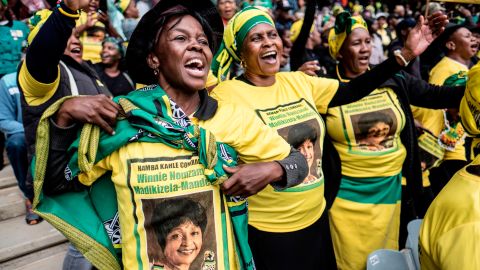 April 2018. A stalwart of the anti-apartheid movement, Winnie Madikizela-Mandela, ex-wife of former South African president Nelson Mandela, died aged 81 on April 2, 2018. <br />Here, mourners gather for a memorial service at the Orlando Stadium in Soweto on April 11, 2018. 