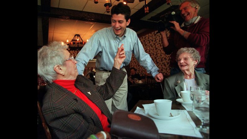 Ryan, just elected to Congress, greets Louise Parker, left, and Grace Larson on November 4, 1998, while they dine in Burlington, Wisconsin.