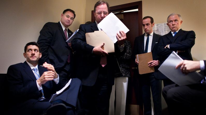 Ryan meets in 2012 with fellow Republicans -- Rep. Frank Guinta, Rep. Bill Flores, staffer Stephen Miller and Sen. Jeff Sessions -- before unveiling the coming year's budget plan.
