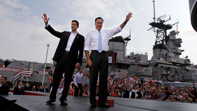 Ryan and Romney wave to the crowd after announcing Ryan as the Republican Party's vice presidential candidate in 2012.