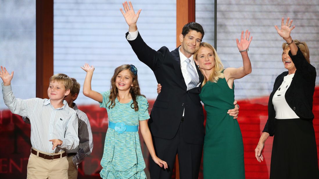 Ryan waves during the 2012 Republican National Convention. With him are: his daughter, Liza; sons, Charlie (left) and Sam; wife, Janna; and mother, Elizabeth Douglas.