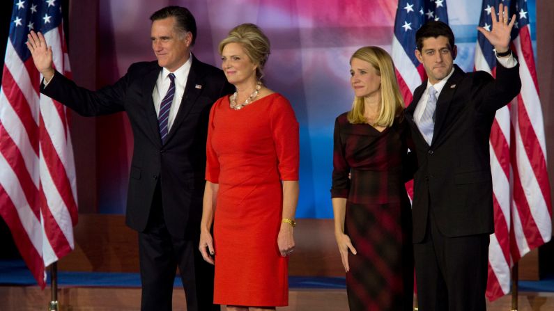 Romney, with his wife Ann, and Ryan, with his wife Janna, wave to the crowd following Romney's 2012 concession speech.