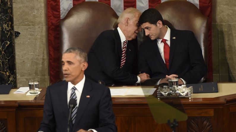 Ryan and Vice President Joe Biden chat while President Barack Obama delivers the 2016 State of the Union address.