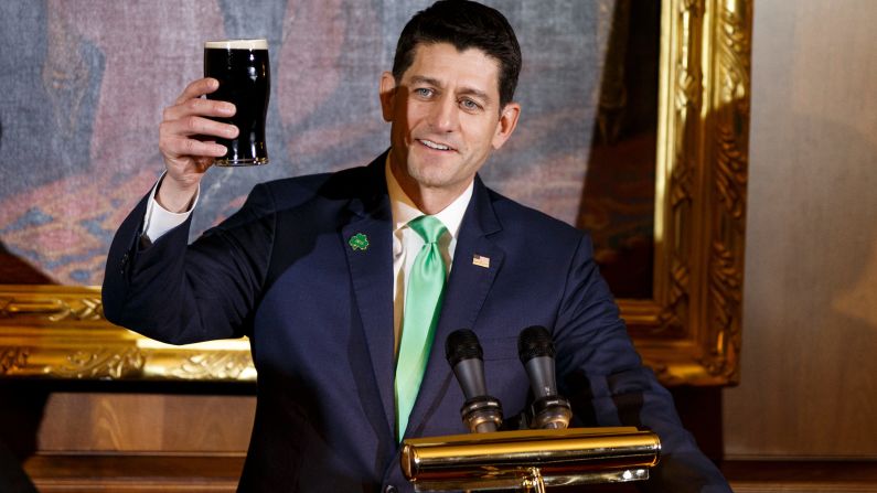 Ryan holds up a pint of Guinness as he proposes a toast in March 2018 during the Friends of Ireland luncheon.