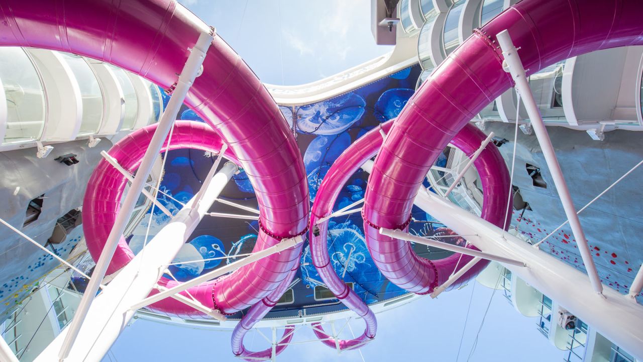 <strong>Slip 'n' slide:</strong> But the jewel in the crown is the spiraling "Ultimate Abyss" slide -- the tallest on any cruise ship to date. With a lofty perch at 150 feet above sea level and 10-story drop, it promises an adrenalin hit.  