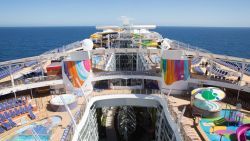 Launch of Symphony of the Seas, Royal Caribbean International's newest and largest ship.Aerial view of deck.