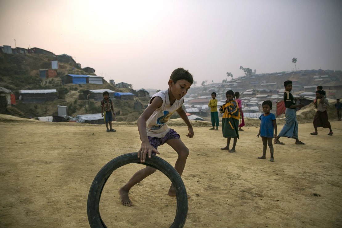 Rohingya refugee children play in Balukhali camp on January 14, 2018 in Cox's Bazar, Bangladesh. 