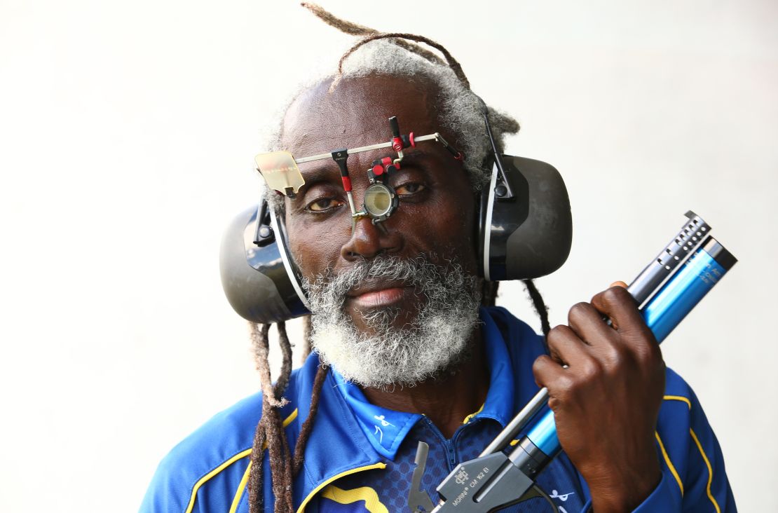 Bernard Chase of Barbados during the 10m air pistol men's qualification shooting final.