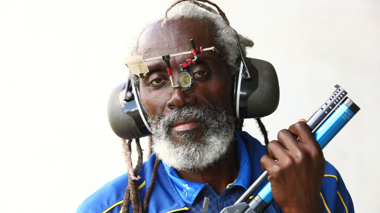 Bernard Chase of Barbados during the 10m air pistol men's qualification shooting final.