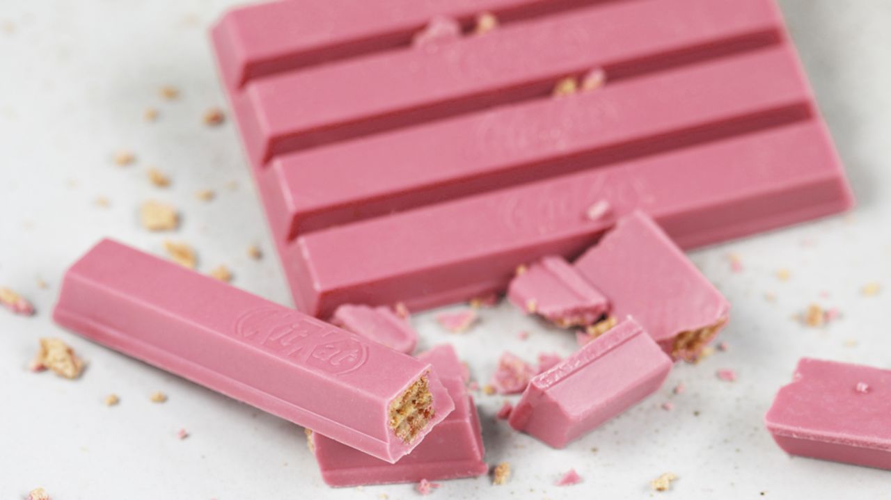 The pink hue is created from ruby cocoa beans from the Ivory Coast, Brazil and Ecuador.