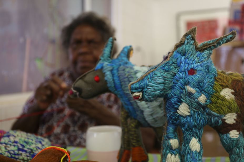 "My Dogs" by Marlene Rubjunta. The blankets used to create Rubjunta's soft sculptures are dyed using local plants and rusted metals. They are then boiled for a week to create the distinctive patterns.