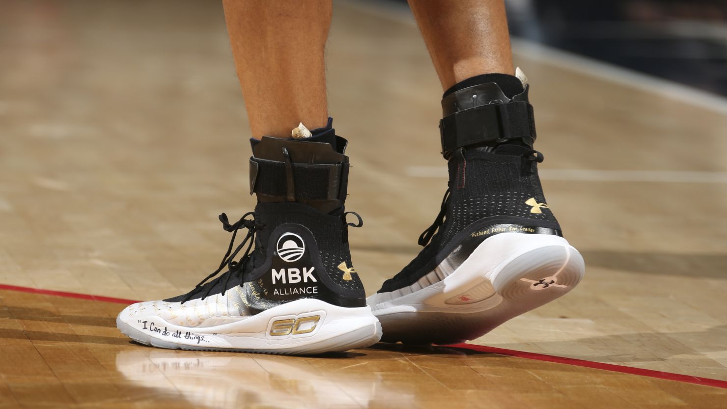 WASHINGTON, DC - FEBRUARY 28: Sneakers of Stephen Curry #30 of the Golden State Warriors during game against the Washington Wizards on February 28, 2018 at Capital One Arena in Washington, DC. 