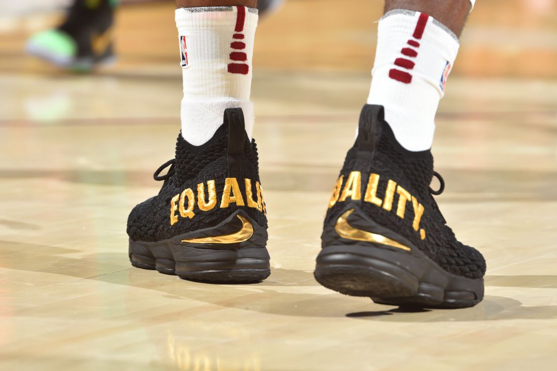 The sneakers of LeBron James #23 of the Cleveland Cavaliers during the game against the Boston Celtics on October 17, 2017 at Quicken Loans Arena in Cleveland, Ohio.